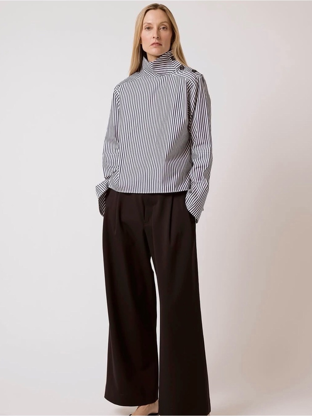 T. Line Navy and White Striped Button-Up Top